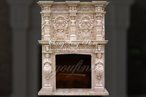 Luxury decorative beige marble fireplace over mantel for sale